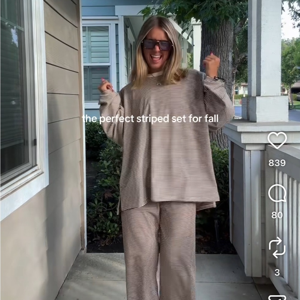 Called to Surf- Striped Loungewear Set Brown and Cream